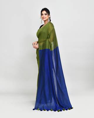 Handspun cotton moss green handloom saree with blouse 2