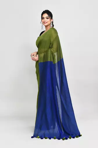 Handspun cotton moss green handloom saree with blouse