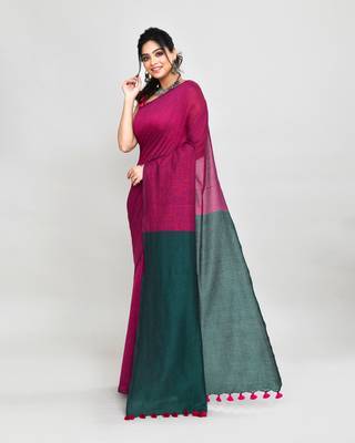 Handspun cotton rani pink handloom saree with blouse 2