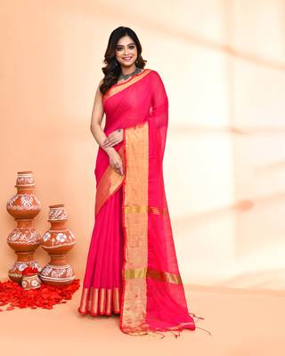 cotton silk rani pink handloom saree with blouse piece 1