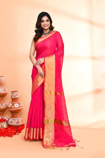 cotton silk rani pink handloom saree with blouse piece