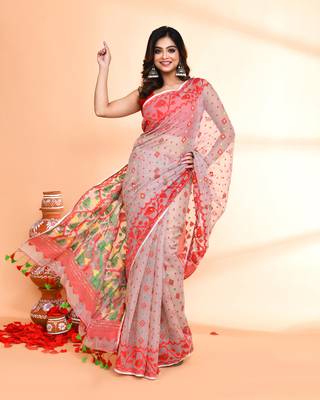 Women's cane beige cotton silk jamdani saree without blouse 4