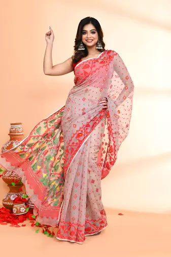 Women's cane beige cotton silk jamdani saree without blouse
