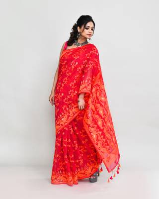 Women's rani orange cotton silk jamdani saree without blouse 4