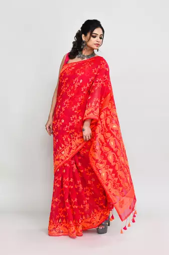 Women's rani orange cotton silk jamdani saree without blouse