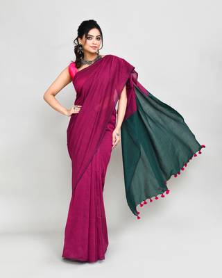 Handspun cotton rani pink handloom saree with blouse 3