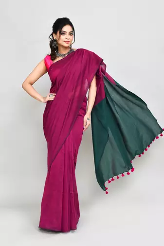 Handspun cotton rani pink handloom saree with blouse