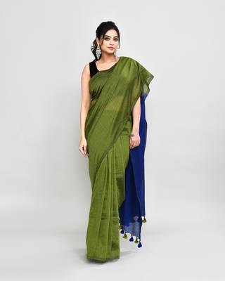 Handspun cotton moss green handloom saree with blouse 3
