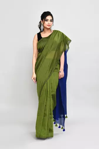 Handspun cotton moss green handloom saree with blouse