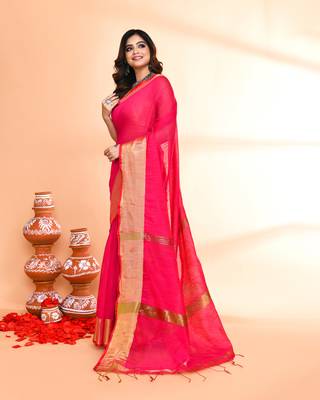 cotton silk rani pink handloom saree with blouse piece 2