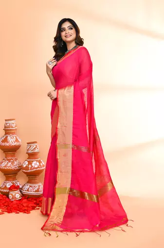 cotton silk rani pink handloom saree with blouse piece