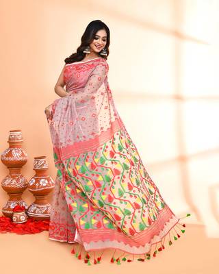 Women's cane beige cotton silk jamdani saree without blouse 5