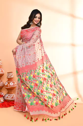 Women's cane beige cotton silk jamdani saree without blouse