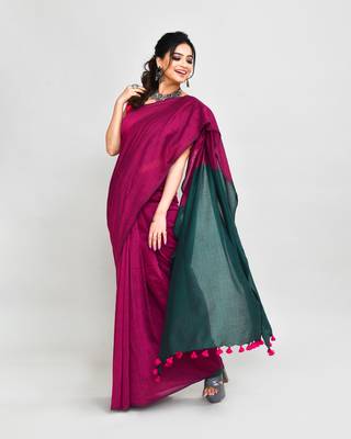 Handspun cotton rani pink handloom saree with blouse 4