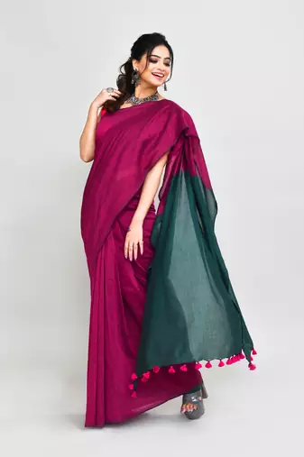 Handspun cotton rani pink handloom saree with blouse