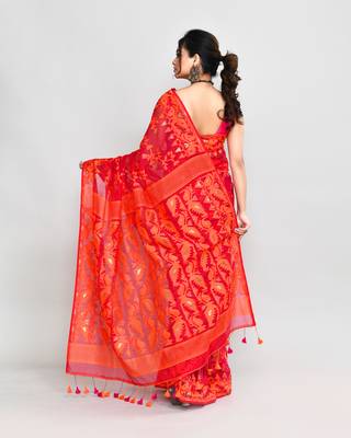 Women's rani orange cotton silk jamdani saree without blouse 5