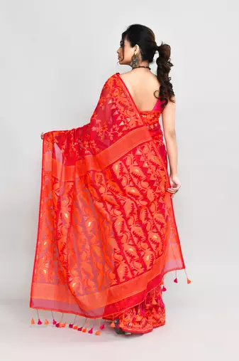 Women's rani orange cotton silk jamdani saree without blouse