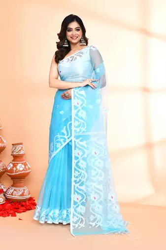 aqua hand work art silk jamdani saree with blouse piece