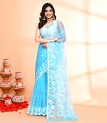 aqua hand work art silk jamdani saree with blouse piece