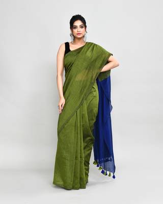 Handspun cotton moss green handloom saree with blouse 4