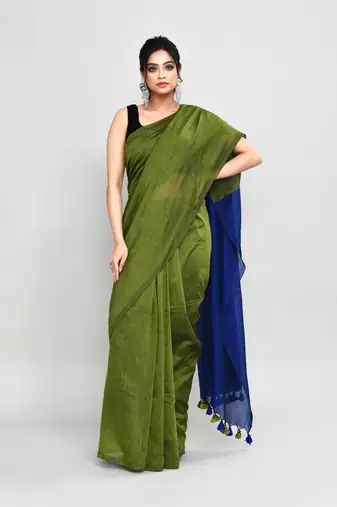 Handspun cotton moss green handloom saree with blouse