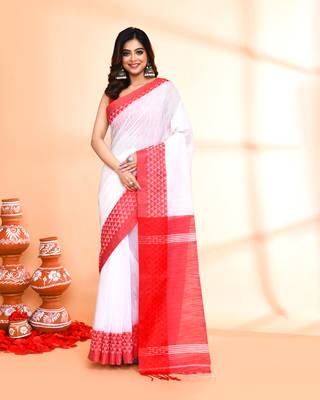 cotton silk white handloom saree with blouse piece 1