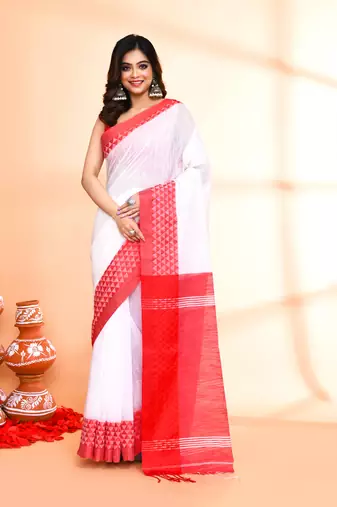 cotton silk white handloom saree with blouse piece