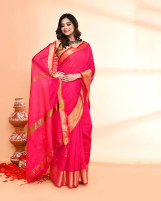 cotton silk rani pink handloom saree with blouse piece 3