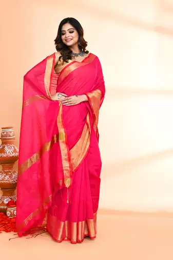cotton silk rani pink handloom saree with blouse piece