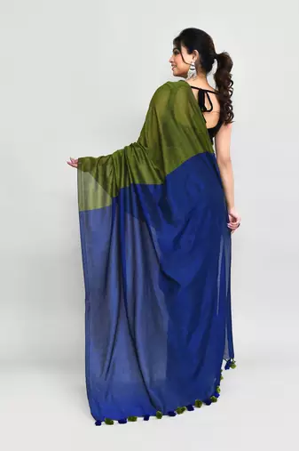 Handspun cotton moss green handloom saree with blouse