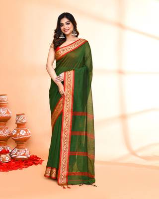 cotton silk moss green handloom saree with blouse piece 1