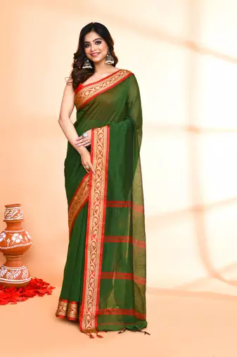 cotton silk moss green handloom saree with blouse piece
