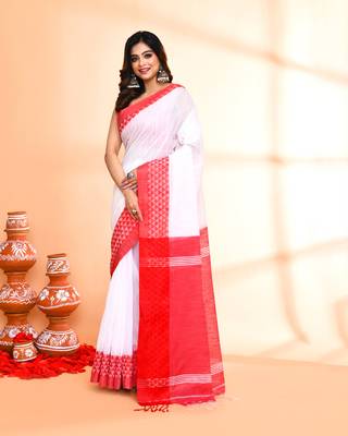 cotton silk white handloom saree with blouse piece 2