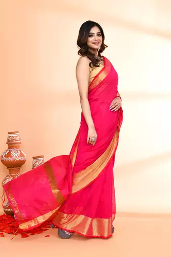 cotton silk rani pink handloom saree with blouse piece