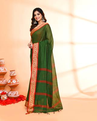 cotton silk moss green handloom saree with blouse piece 2