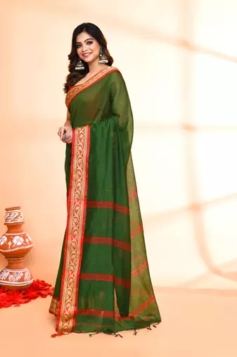 cotton silk moss green handloom saree with blouse piece
