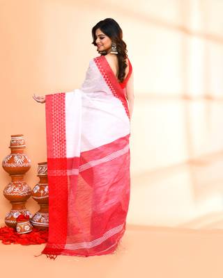 cotton silk white handloom saree with blouse piece 3
