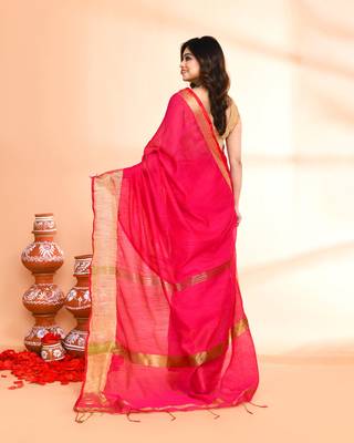 cotton silk rani pink handloom saree with blouse piece 5