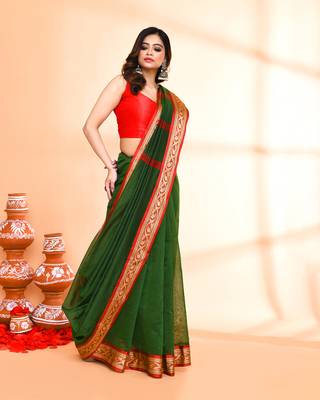 cotton silk moss green handloom saree with blouse piece 3