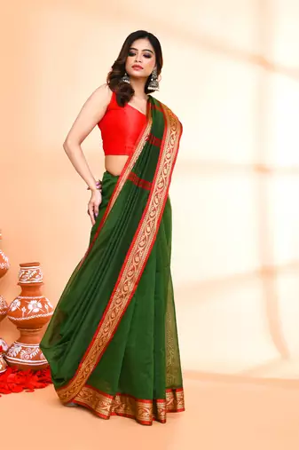 cotton silk moss green handloom saree with blouse piece