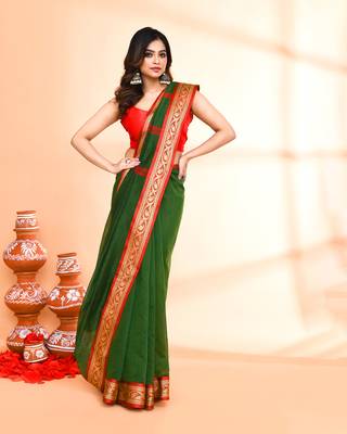 cotton silk moss green handloom saree with blouse piece 4