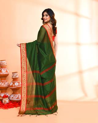 cotton silk moss green handloom saree with blouse piece 5