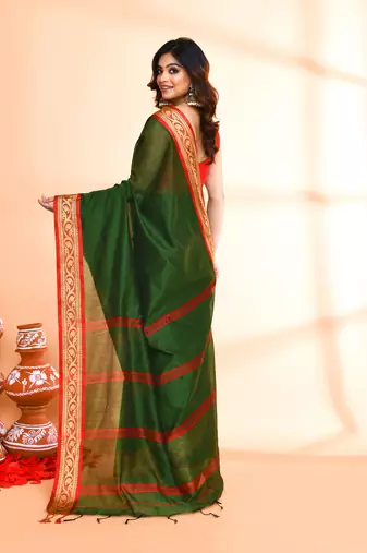 cotton silk moss green handloom saree with blouse piece