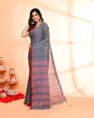 grey hand work cotton saree with blouse piece 2