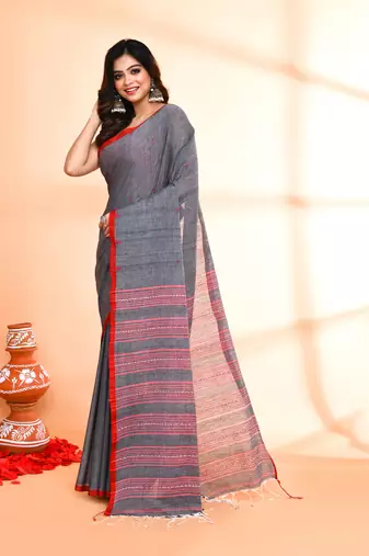 grey hand work cotton saree with blouse piece