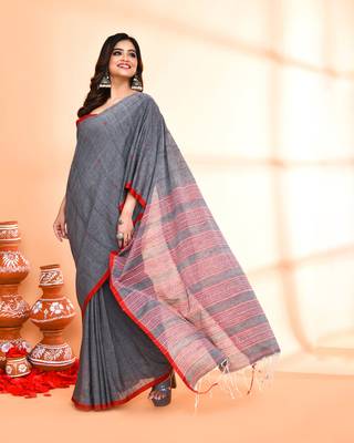 grey hand work cotton saree with blouse piece 3