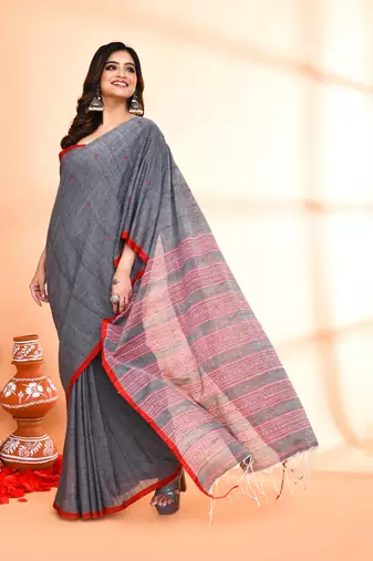 grey hand work cotton saree with blouse piece