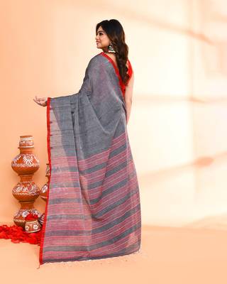grey hand work cotton saree with blouse piece 5