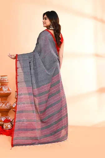 grey hand work cotton saree with blouse piece