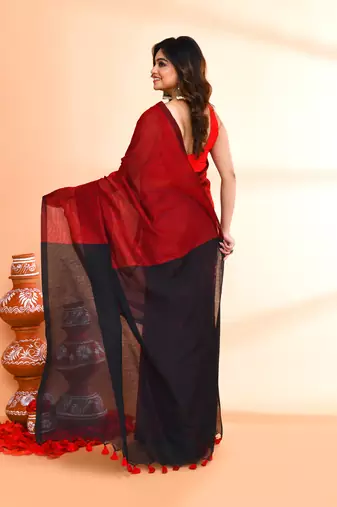 Handspun cotton red handloom saree with blouse